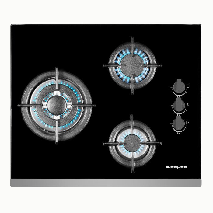 encimera 3 gas cristal negro aspes